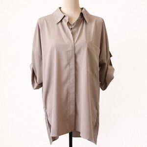 Taupe Oversized Button Down Tunic Blouse Roll Tab Sleeve Size 16